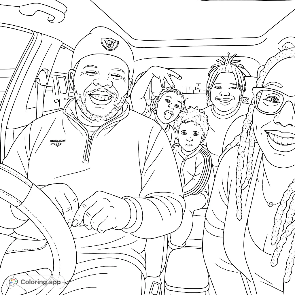 Capture a joyful family moment on a car ride with this delightful coloring page. Perfect for all ages to personalize and bring to life.