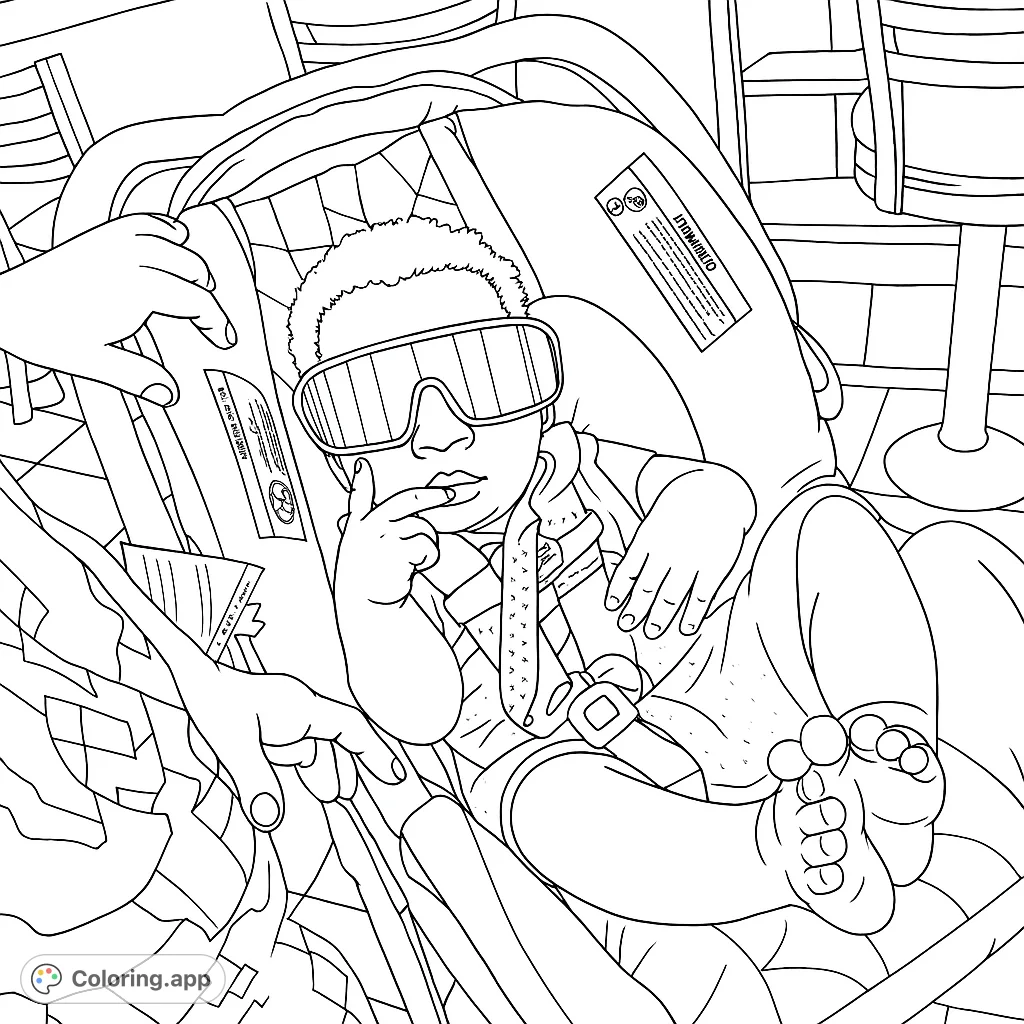 A cool baby in a car seat, sporting oversized sunglasses and a tie, ready for adventure. This fun coloring page captures a charming, stylish moment.
