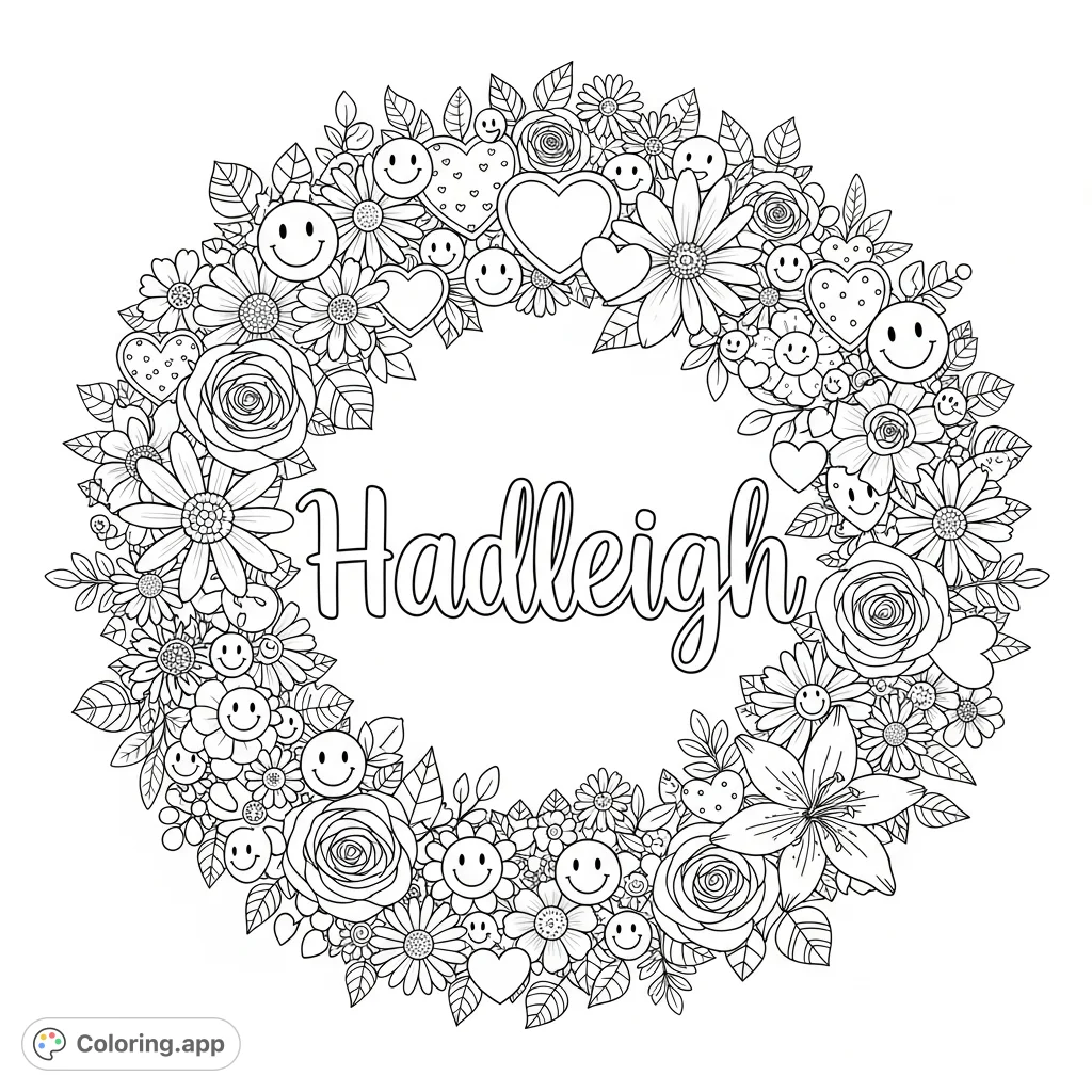 A beautiful Hadleigh floral wreath coloring page featuring a personalized name, intricate flowers, delicate leaves, happy smile faces, and charming hearts.