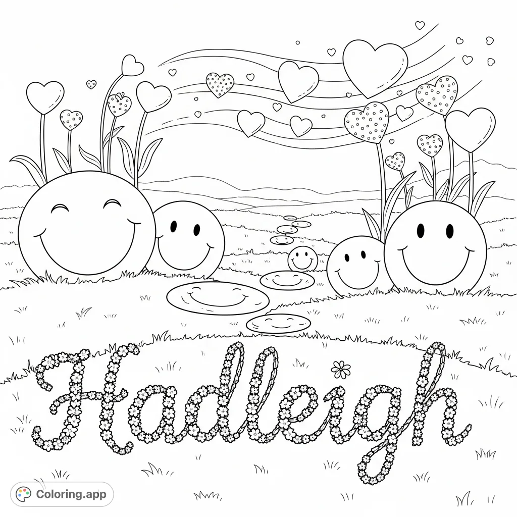 Explore a whimsical field dotted with cheerful smile faces and floating hearts. The name 'Hadleigh' is beautifully spelled out in delicate blossoms on a grassy knoll.