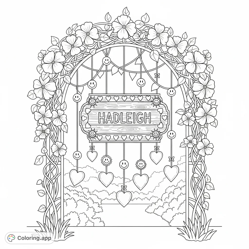 Discover a charming garden archway adorned with intertwining vines, cheerful faces, and a personalized "hadleigh" plaque. A delightful coloring page!