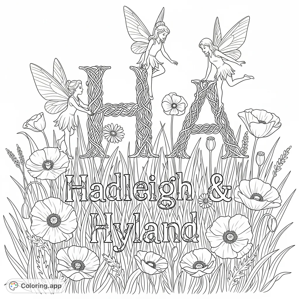 Discover a magical Fairies and Flowers coloring page featuring playful fairies, ornate vine letters 'H' and 'A', and the name "Hadleigh & Hyland" amidst a field of wildflowers.