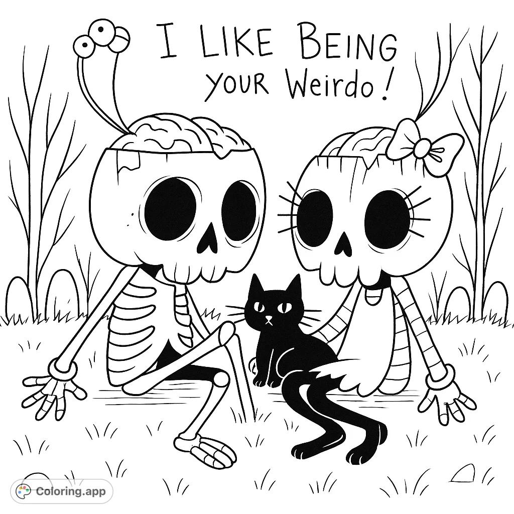 A quirky skeleton couple with exposed brains and a cat, sitting amidst a whimsical, textured landscape. Perfect for fans of unique, spooky-cute art.
