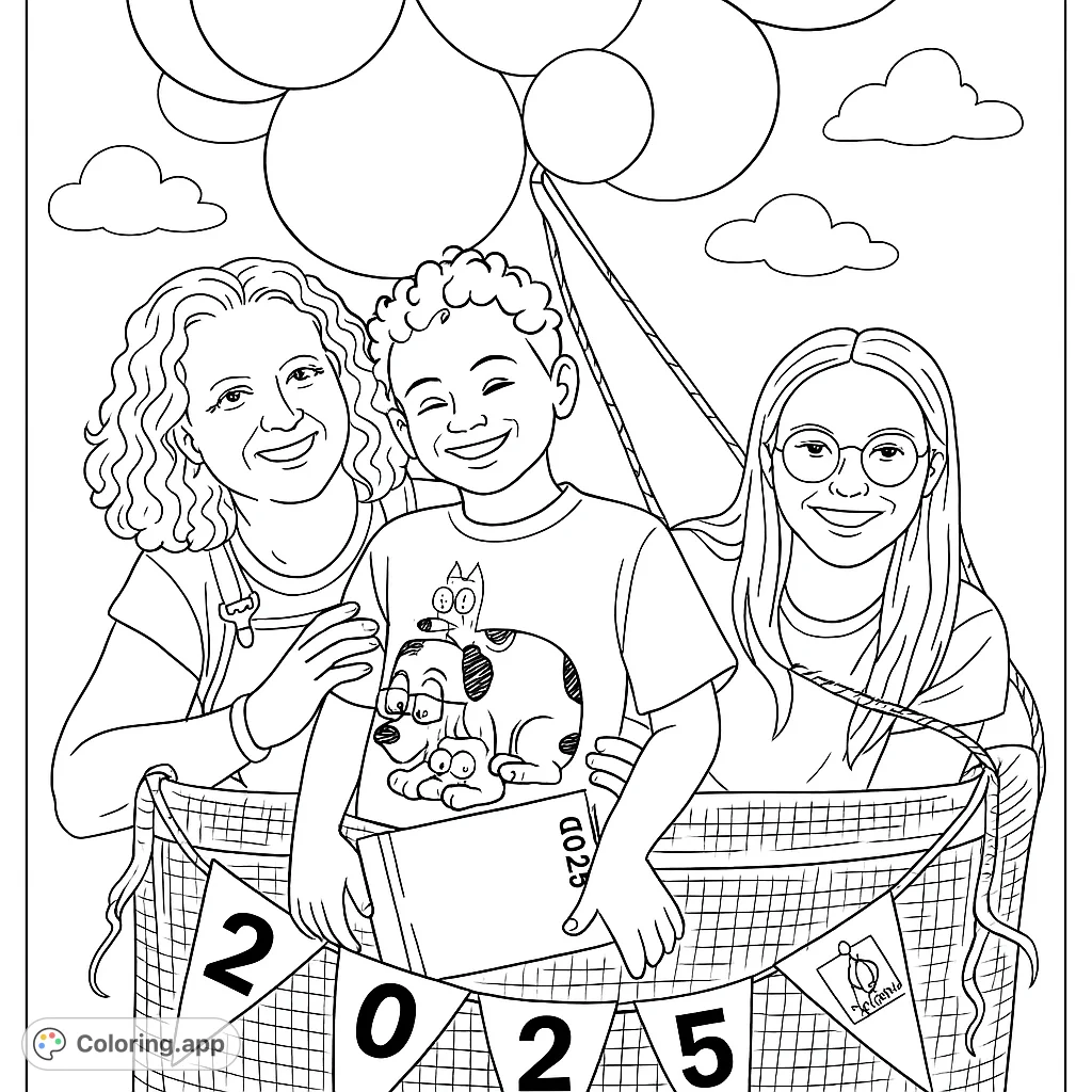 Embark on a delightful hot air balloon adventure with three smiling companions. This fun coloring page features balloons, a woven basket, and a celebratory banner.