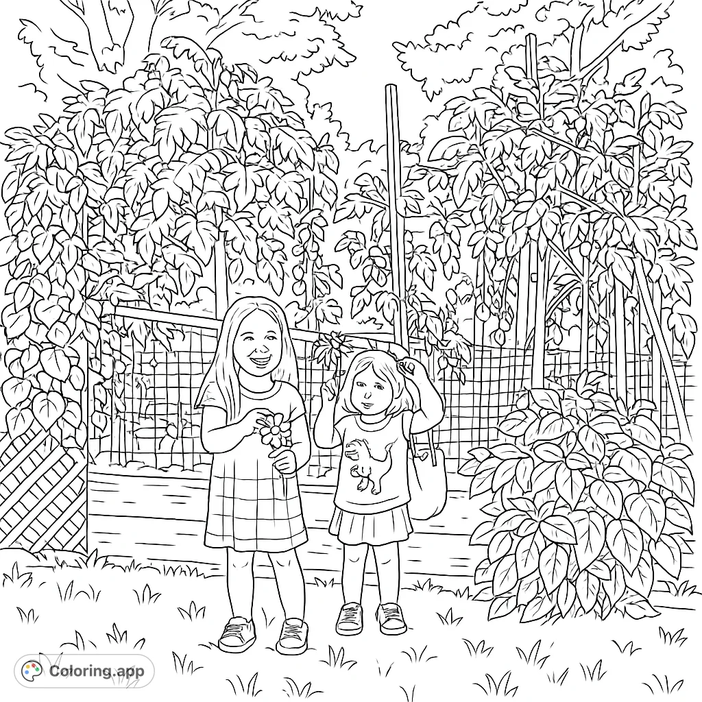 Two cheerful girls explore a vibrant garden filled with tall plants and leafy greens. A delightful scene for young colorists to bring to life.