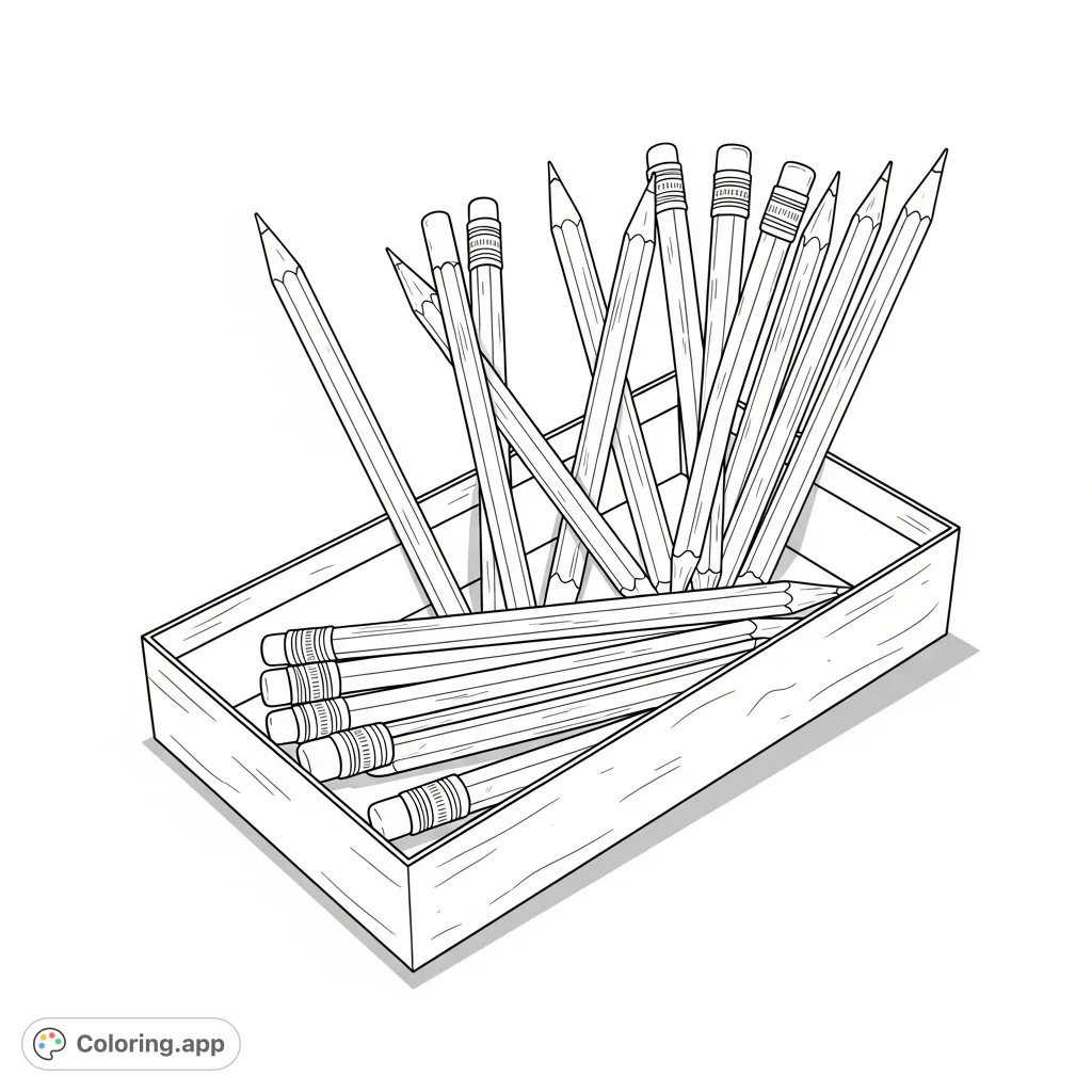 An inviting collection of pencils in an open box, ready for creative expression. A perfect free printable coloring page for artists of all ages.