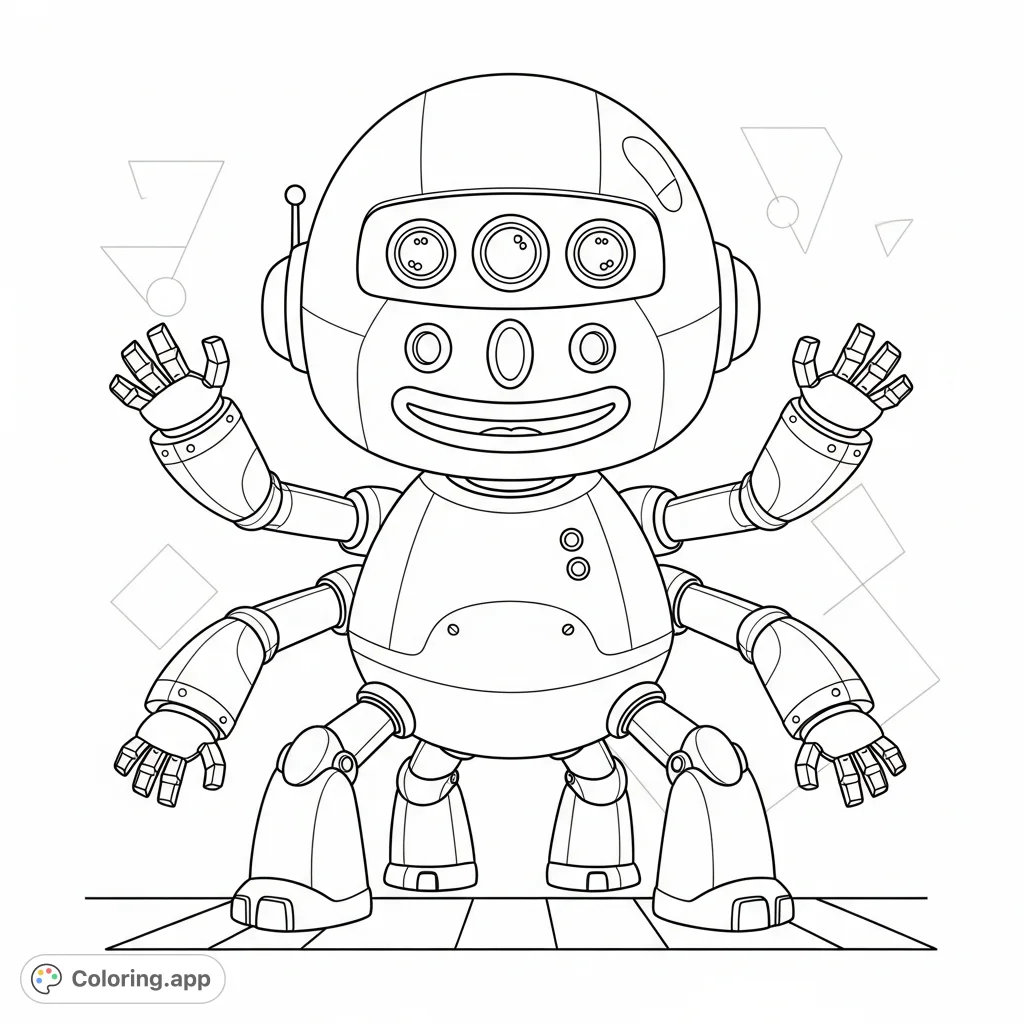 Meet a charming, child-friendly robot featuring multiple eyes, arms, and legs. A playful character designed for imaginative coloring adventures.