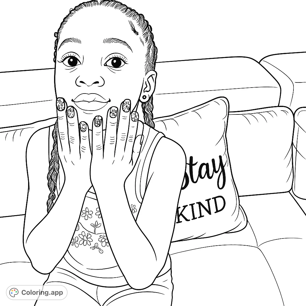 A charming girl proudly displays her intricately decorated fingernails while sitting on a sofa with a 'STAY KIND' cushion. Perfect for creative expression.
