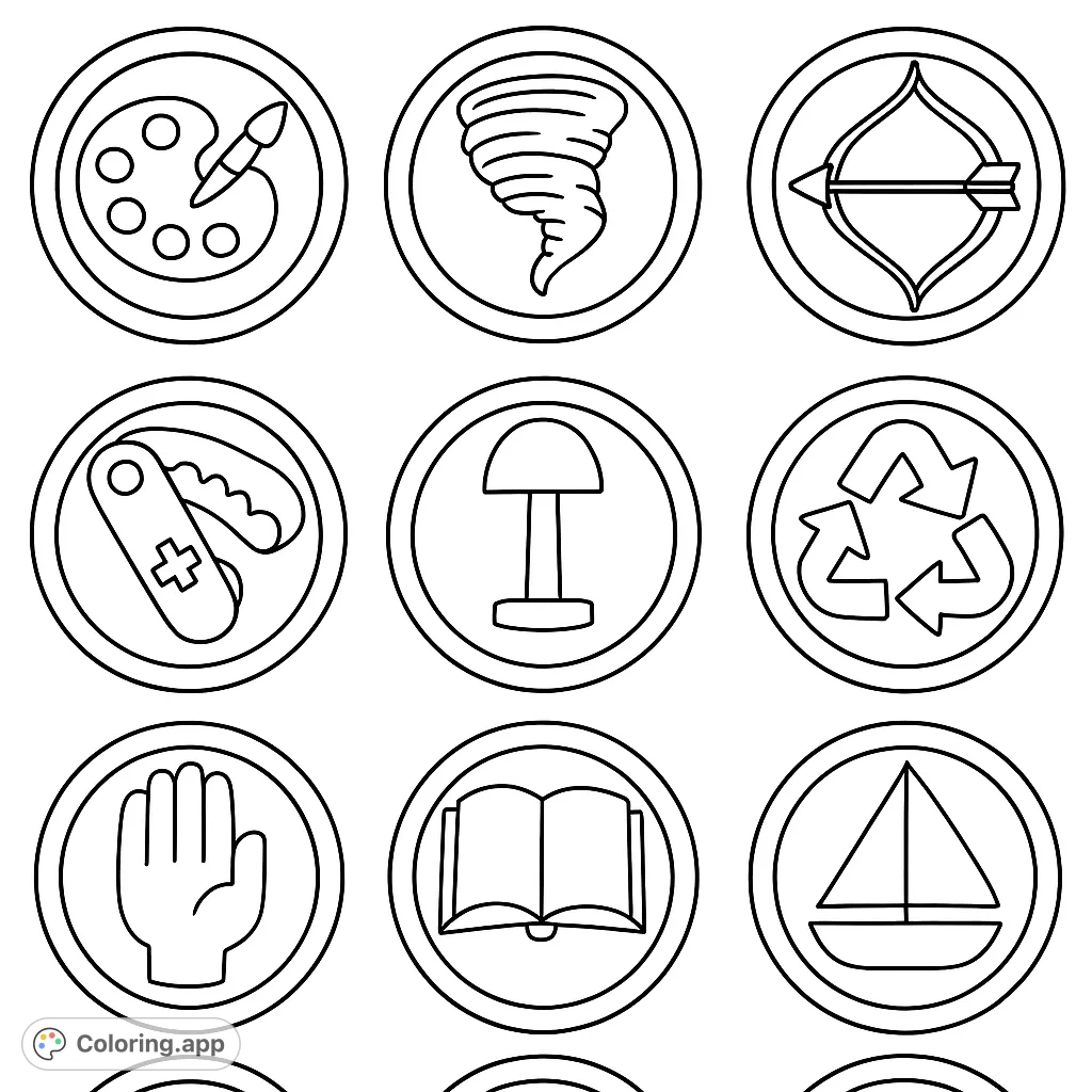 Explore a collection of nine unique achievement badges, featuring symbols like a palette, tornado, bow, multi-tool, lamp, recycle, hand, book, and sailboat. Perfect for all ages!