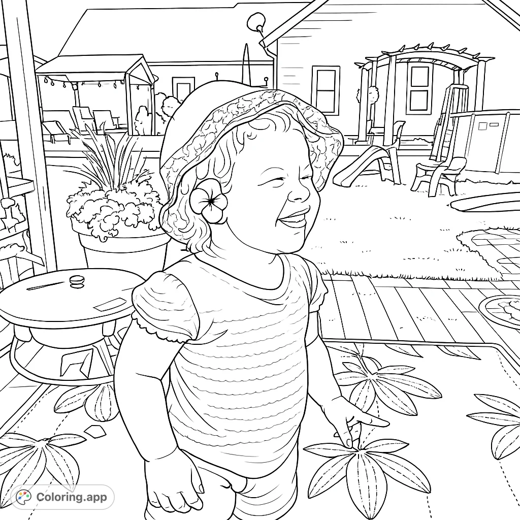 A delightful coloring page featuring a joyful toddler with a flower behind their ear, wearing a patterned hat, standing on a deck with a playful backyard scene.