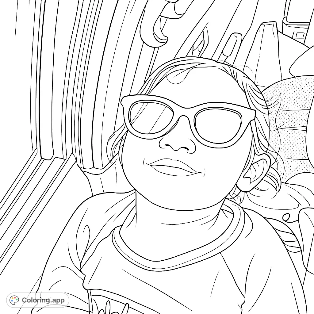 A cheerful child in stylish sunglasses, ready for an adventure. This fun coloring page captures a moment of joy in a car setting.