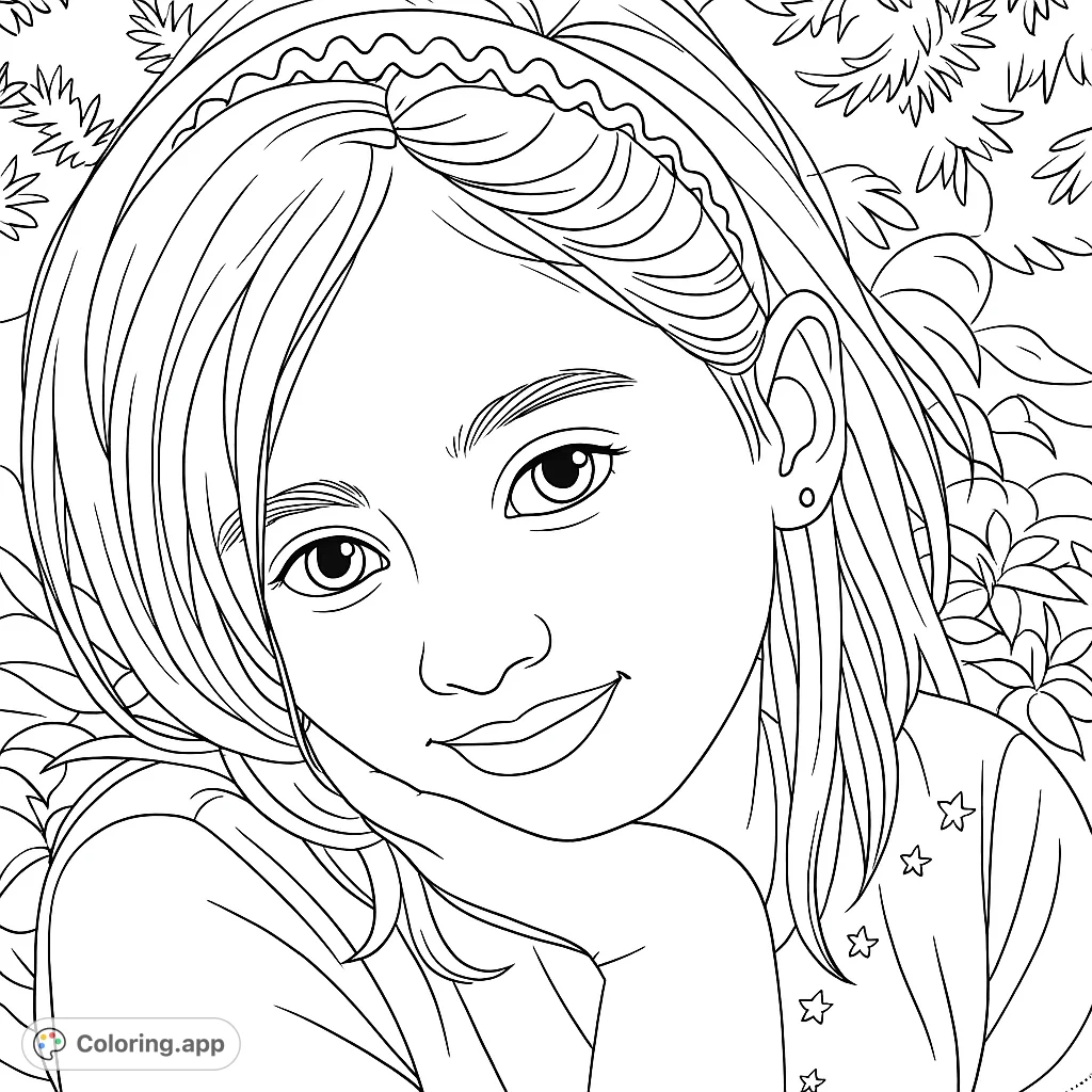 A charming young girl with a zig-zag headband and star-decorated top, resting her chin on her hand. A delightful portrait for a kids coloring page.
