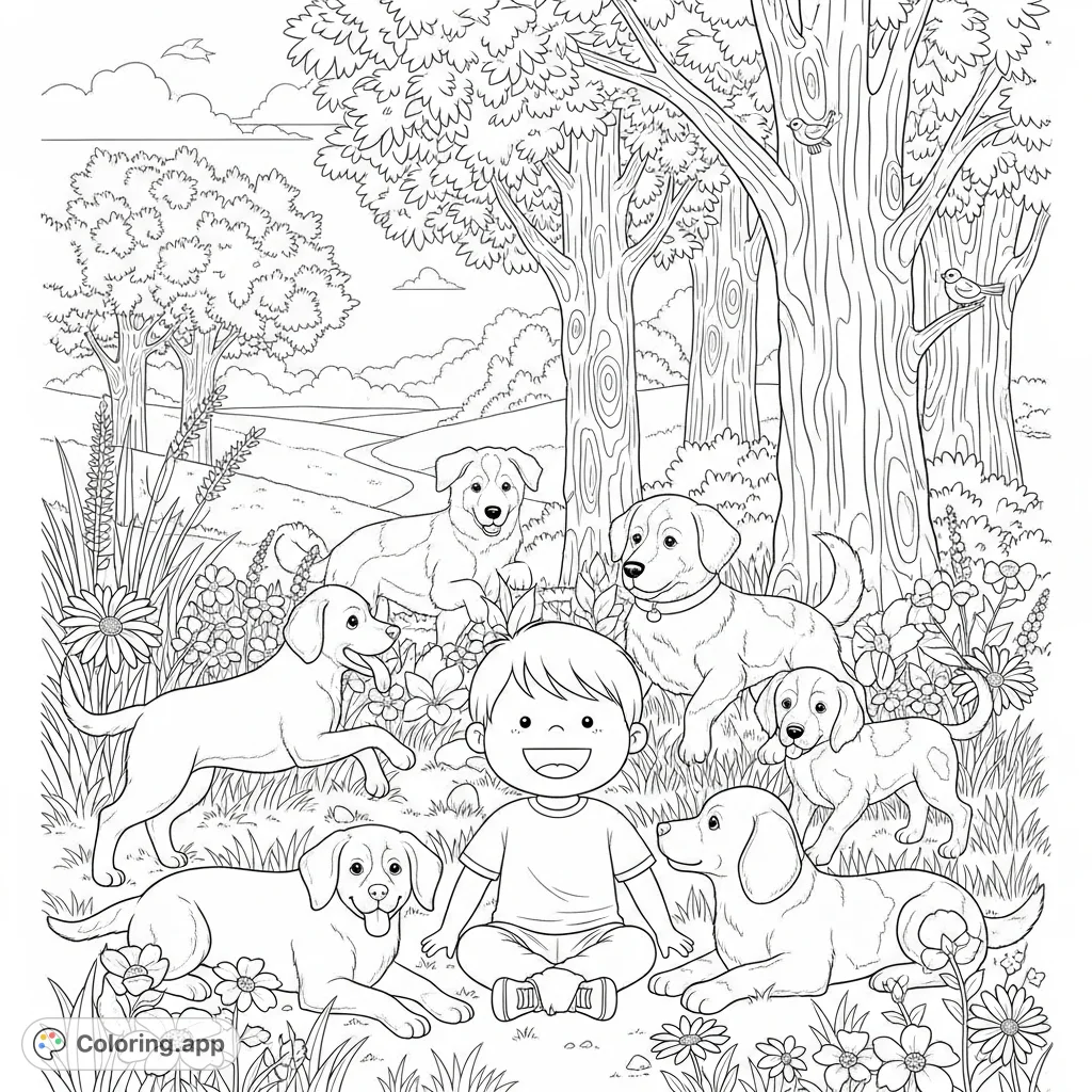 A joyful child surrounded by playful dogs in a lush meadow with blooming flowers and towering trees. A delightful scene for animal and nature lovers.