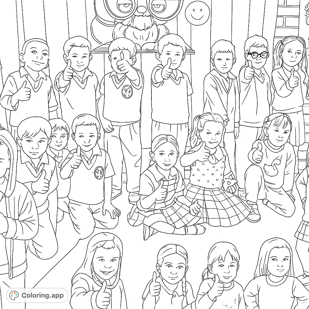 A cheerful group of school children in uniforms, giving thumbs-up in their classroom. Perfect for a fun and engaging school-themed coloring page.
