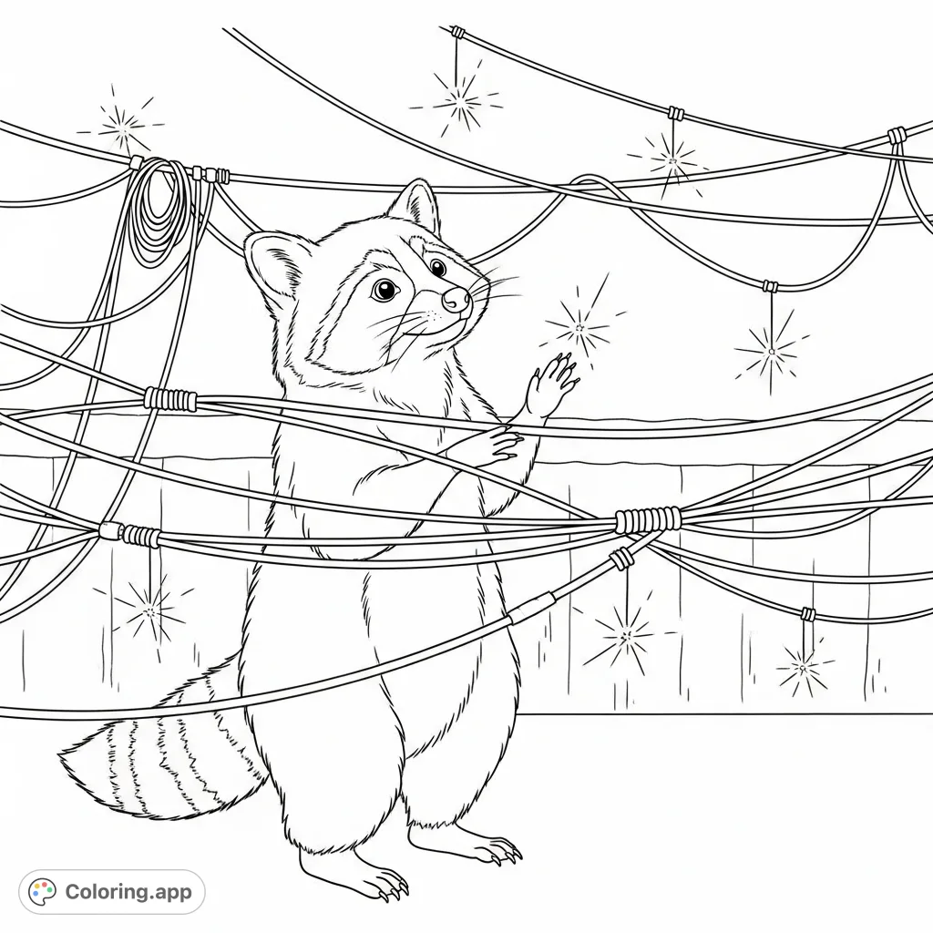 A charming racoon playfully interacts with tangled electric wires and gentle sparks. A delightful and engaging scene for all ages to color.