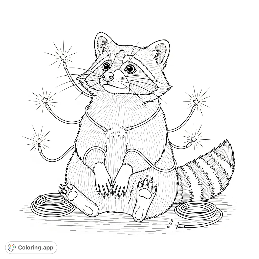 A charming racoon with a curious gaze interacts playfully with coiled wires and gentle sparks. A delightful scene for animal lovers to color.