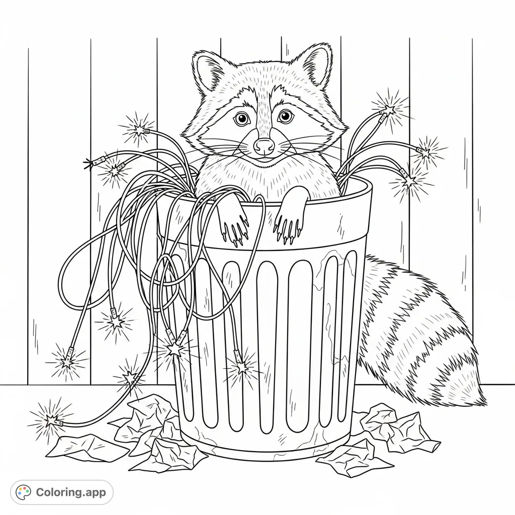 A mischievous raccoon explores a trash can filled with tangled electrical wires and playful sparks, creating a whimsical scene for coloring fun.