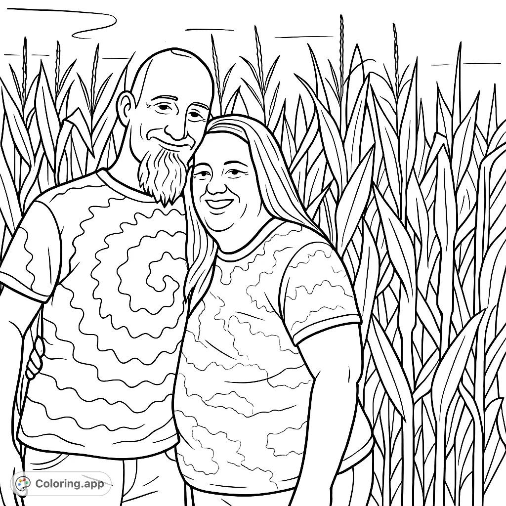 A happy couple stands embraced in a tall cornfield, wearing patterned shirts, offering a delightful scene for creative coloring.