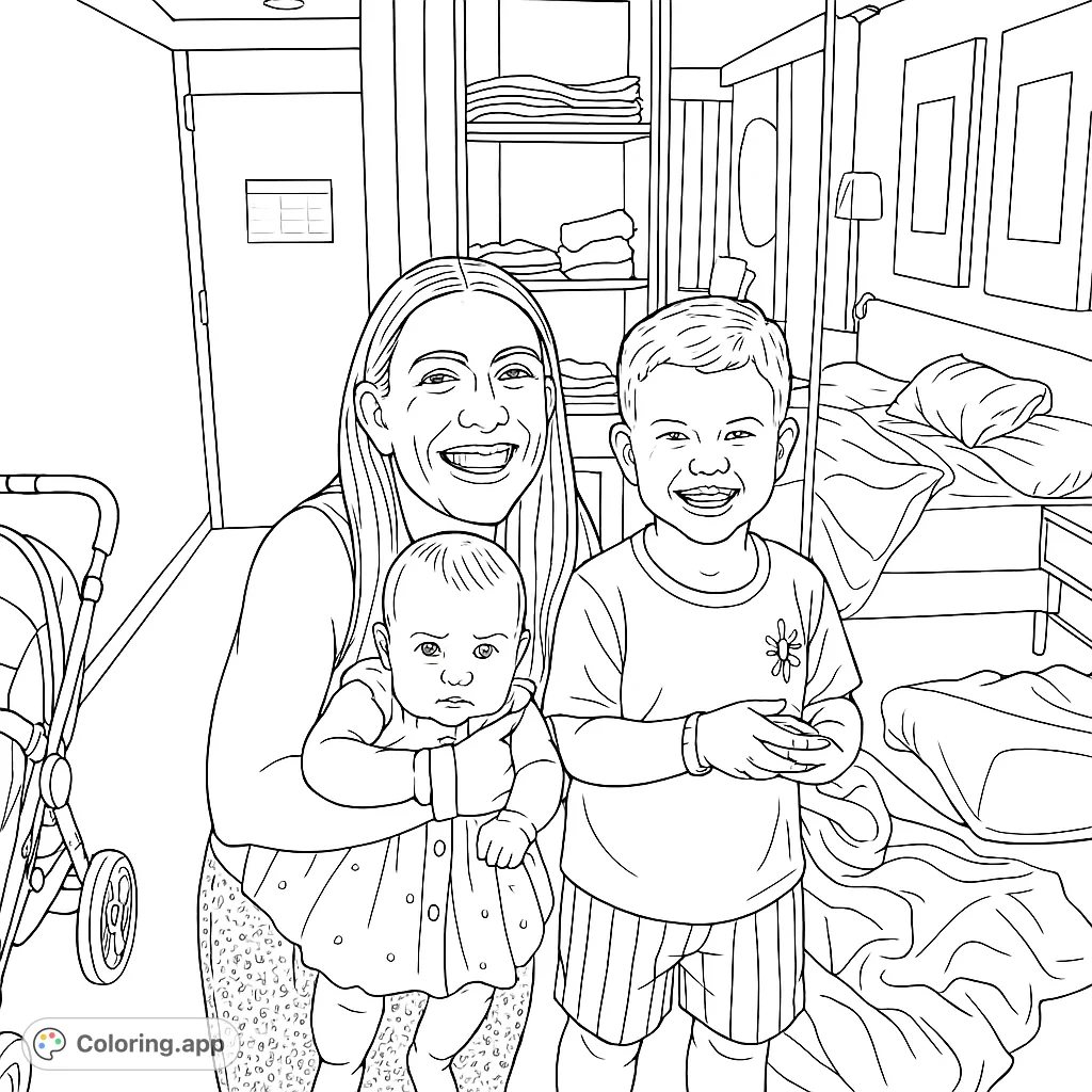 A heartwarming family scene featuring a mother, baby, and young boy, capturing their joyful expressions in a cozy room setting. Perfect for family coloring.