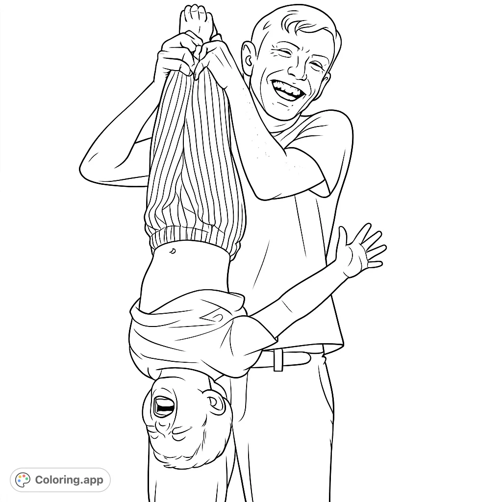 A joyful coloring page featuring an adult playfully holding a child upside down, both laughing. Perfect for family fun and creative expression.