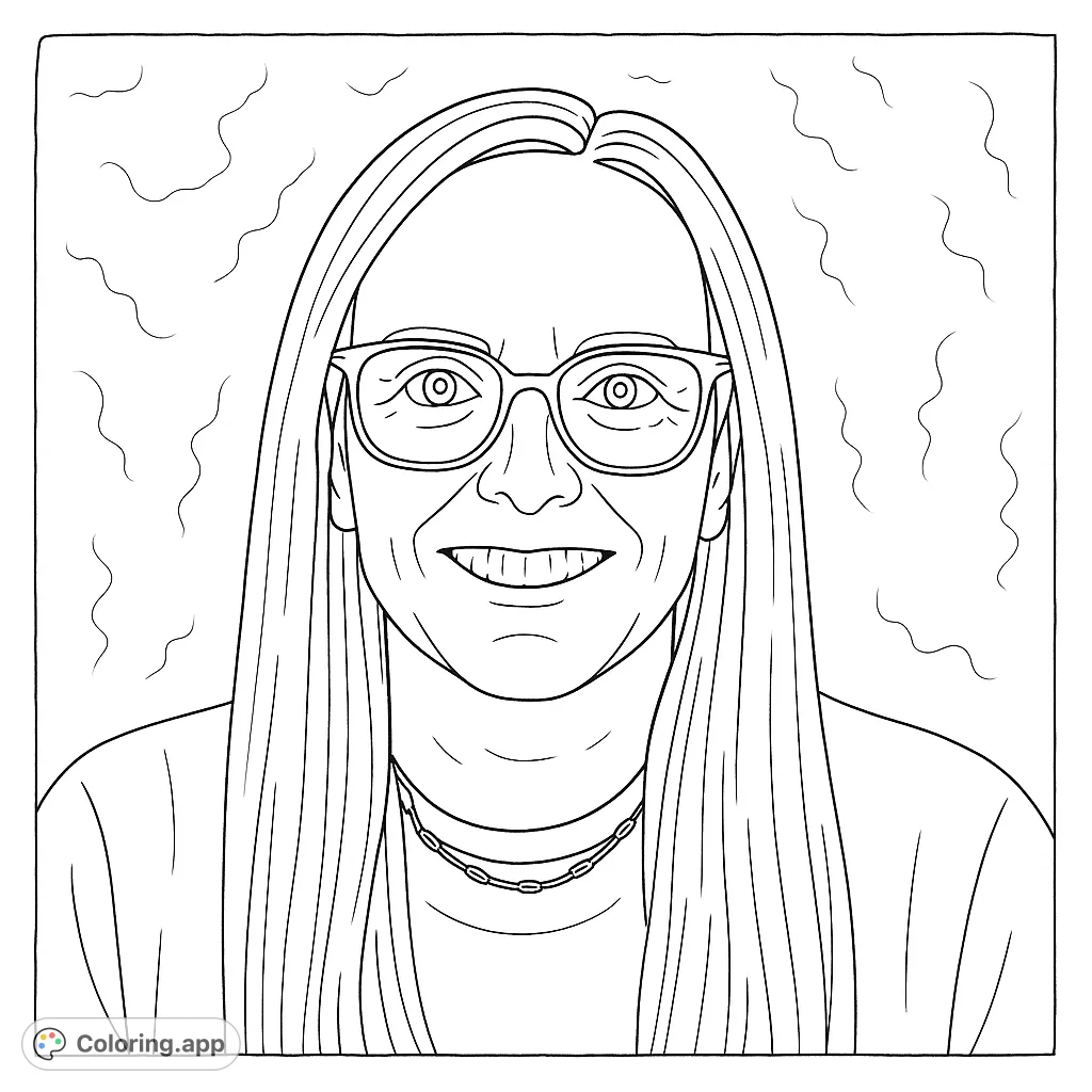 A friendly woman with long hair and glasses, smiling warmly. Perfect for a personalized coloring experience, offering a realistic portrait to bring to life.
