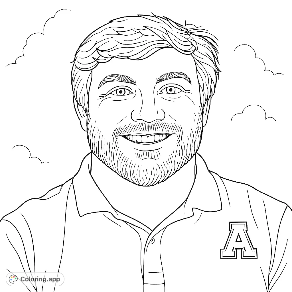 Capture the friendly smile of a man in a polo shirt with a distinctive 'A' patch. A versatile portrait coloring page for all ages.