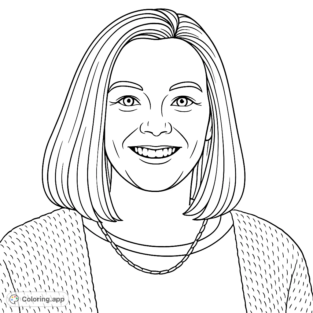 A friendly portrait of a smiling woman with shoulder-length hair and a textured cardigan, perfect for a relaxing coloring experience.