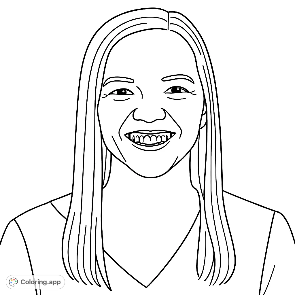 A cheerful woman with a wide smile, perfect for a relaxing coloring session. Express joy and creativity with this engaging portrait.