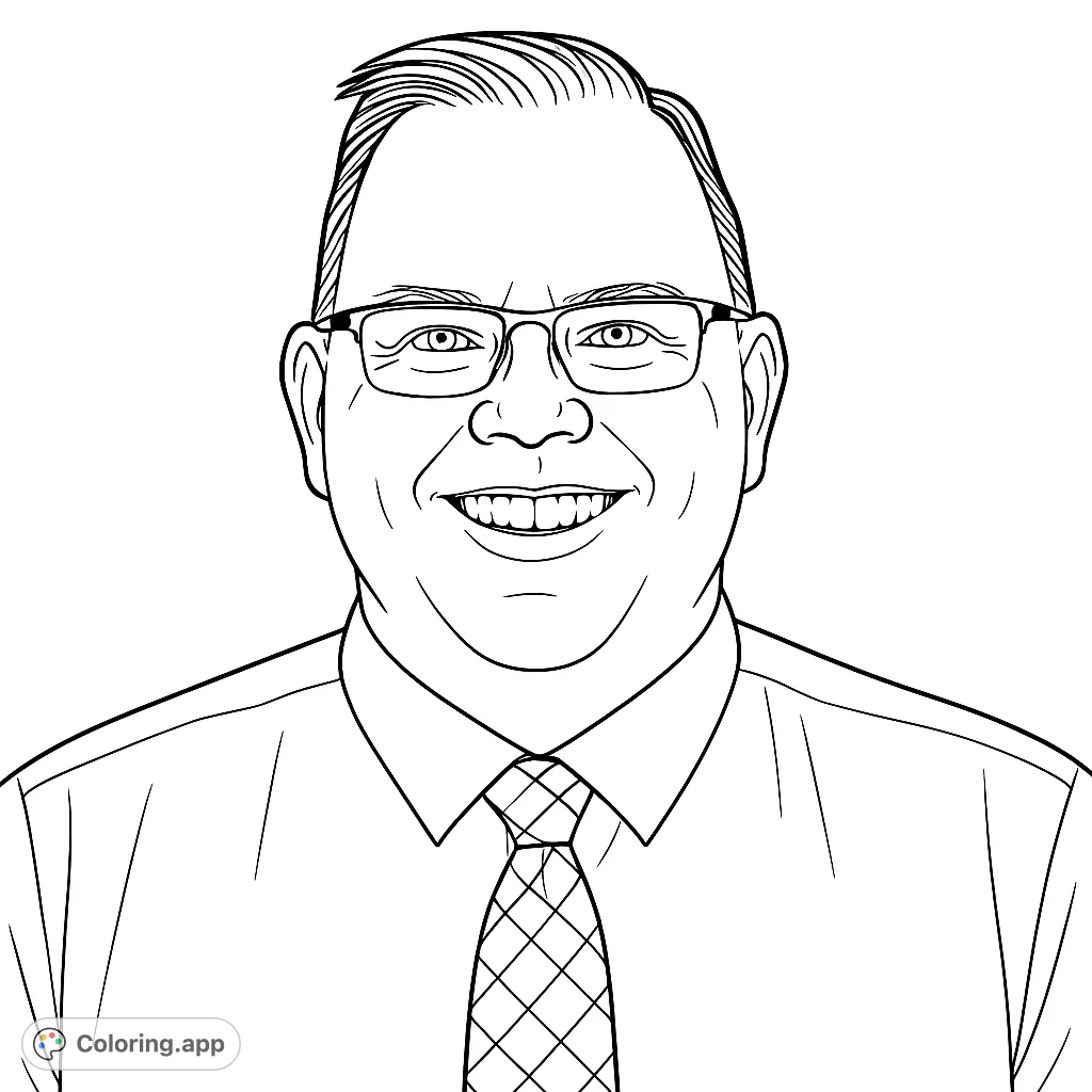 Capture the warmth of a friendly face with this portrait coloring page. Features a smiling man in glasses and a patterned tie, perfect for personalizing.