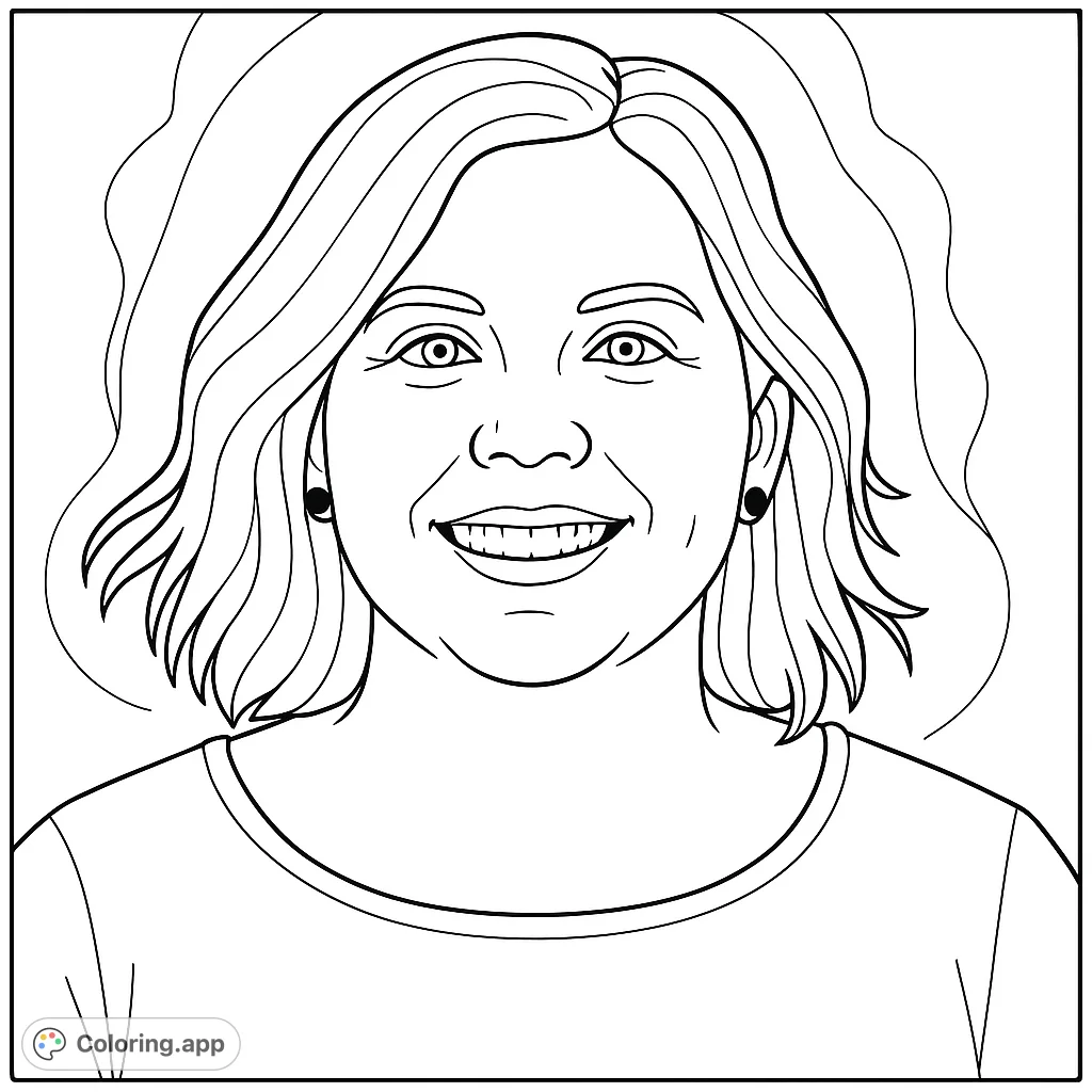A friendly woman with a warm smile and wavy hair, perfect for a personalized coloring experience. Express your creativity!