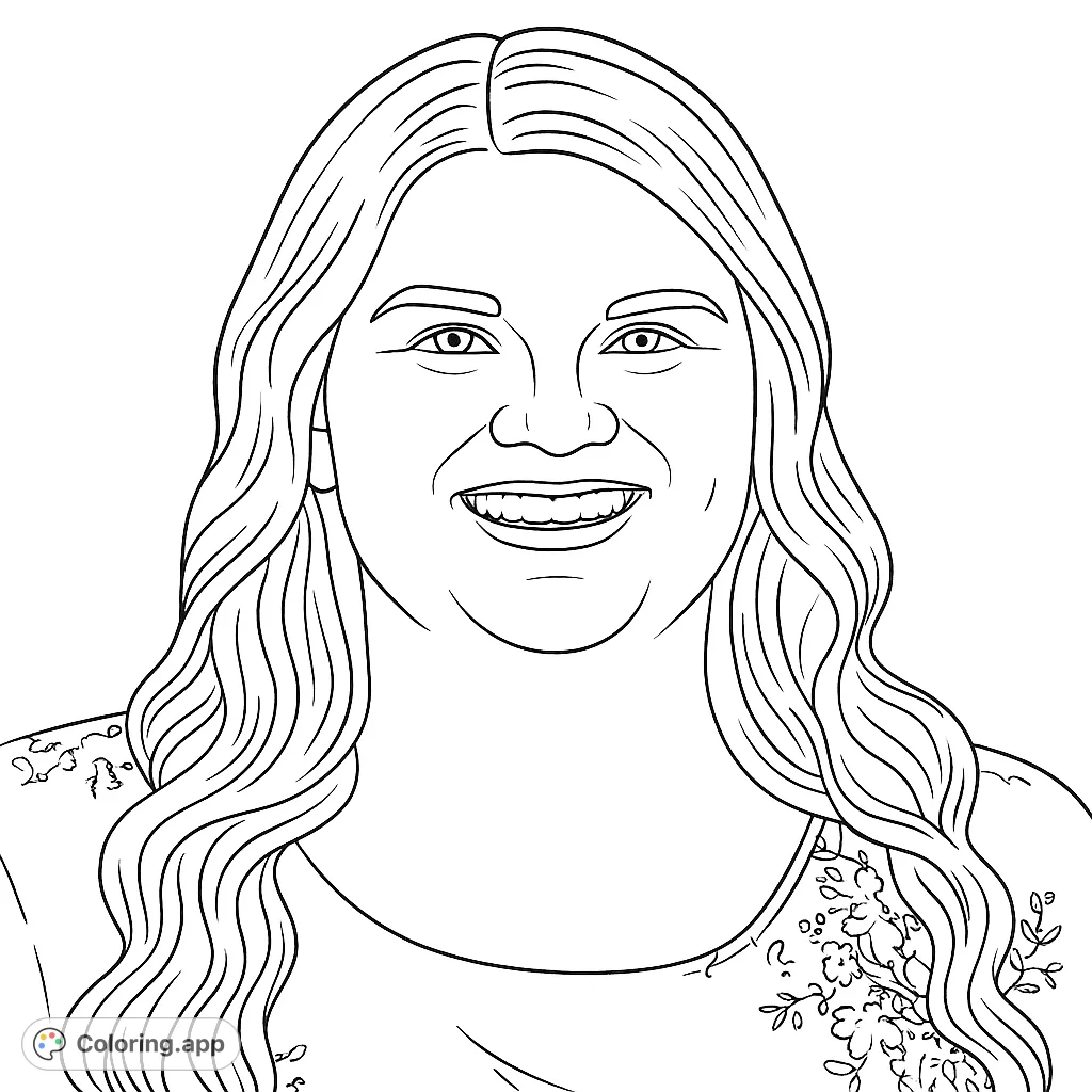 A cheerful woman with long, wavy hair and a floral top, perfect for a relaxing coloring session. Express your creativity!