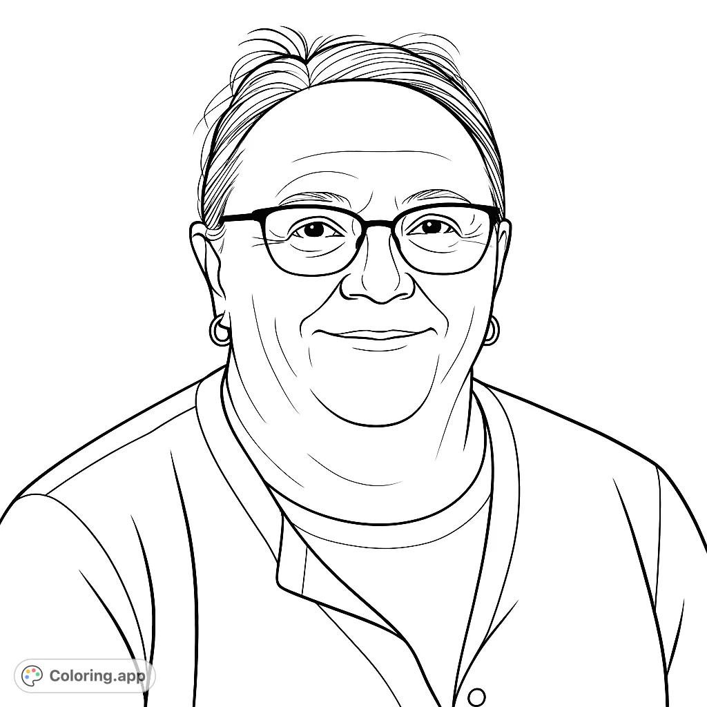 A friendly woman with glasses and a warm smile, perfect for a personalized coloring experience.