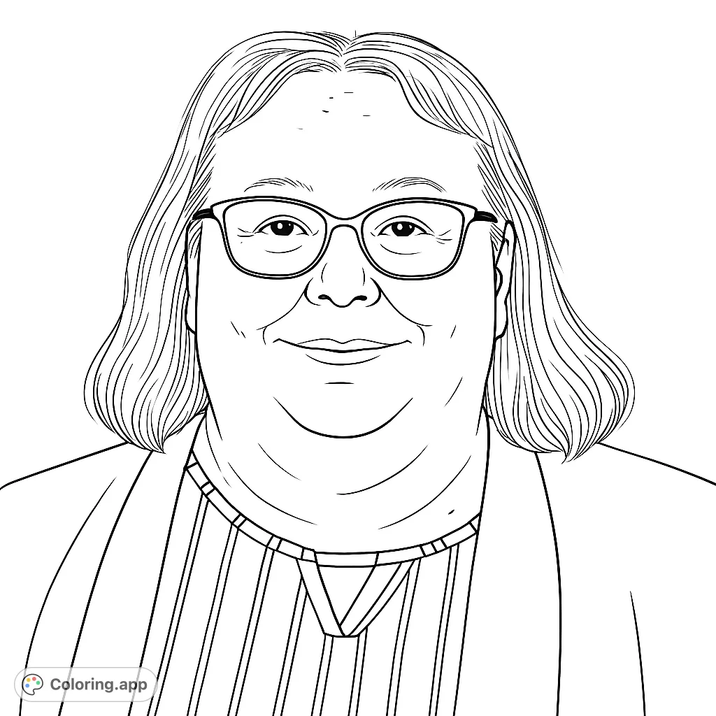 Capture the warmth of a friendly face with this portrait coloring page. Features a smiling woman with glasses and a striped top, perfect for personalizing.