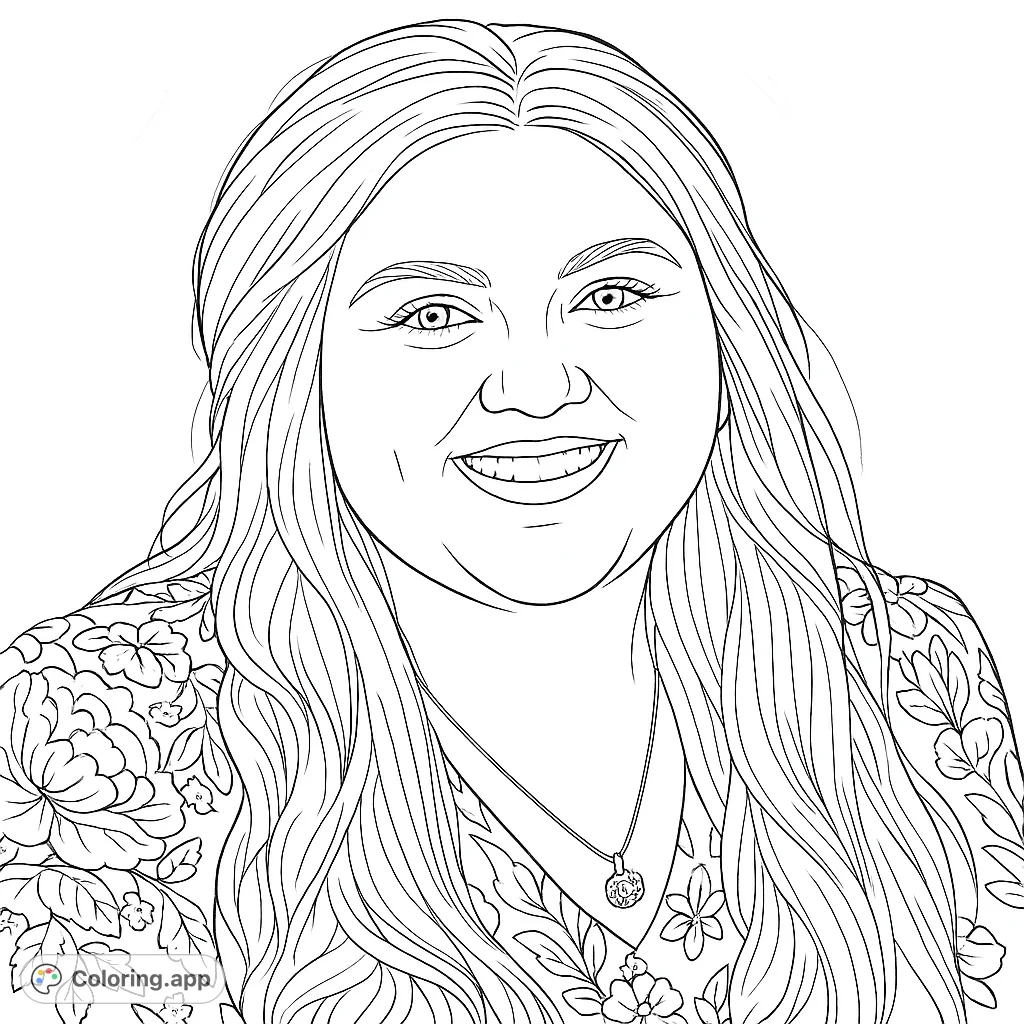 A cheerful woman with long, flowing hair and a detailed floral top, perfect for a relaxing coloring experience.