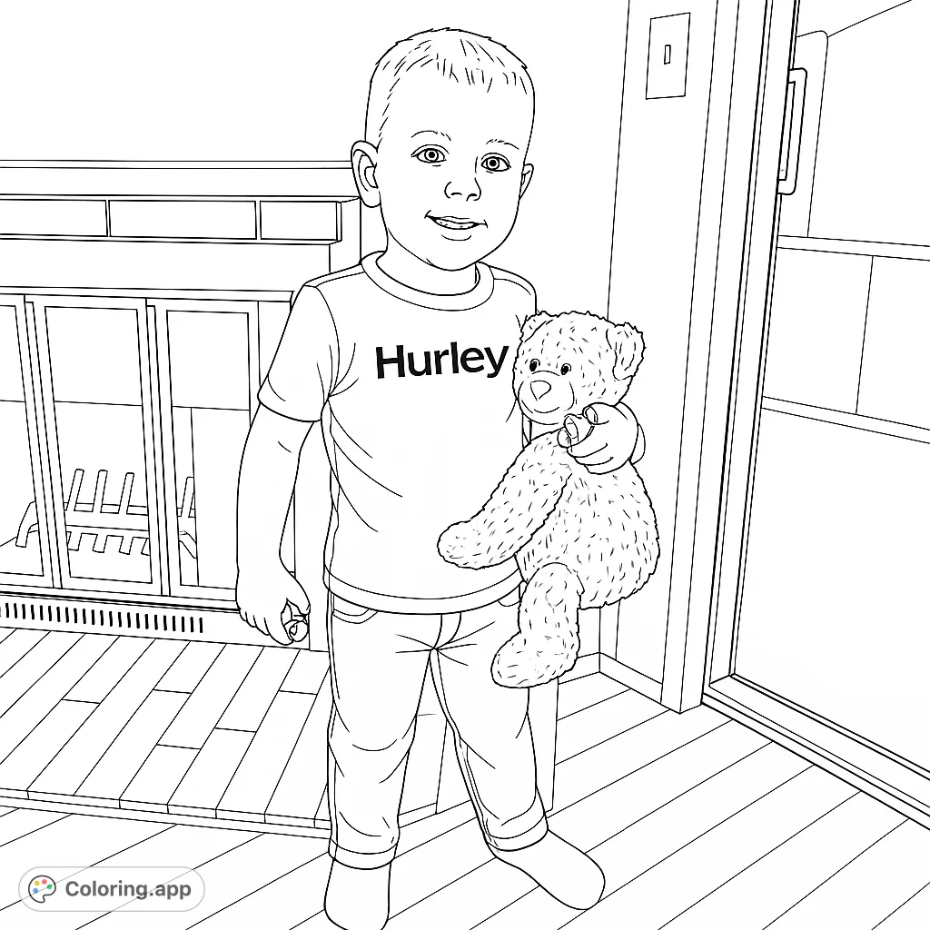 A heartwarming coloring page featuring a young boy holding his beloved teddy bear, set in a cozy indoor scene. Perfect for kids to express creativity.