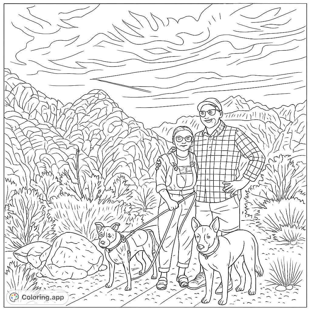 A couple and their two dogs enjoying a scenic mountain hike, surrounded by majestic rock formations and open skies. Perfect for nature lovers.