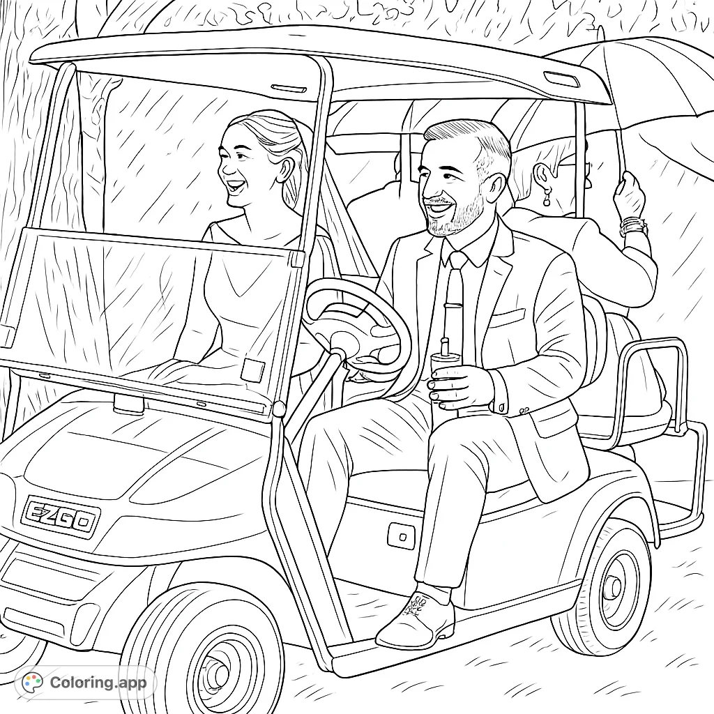 Capture a moment of joy with a couple in a golf cart, surrounded by nature. Perfect for celebrating special occasions and adding your personal touch.