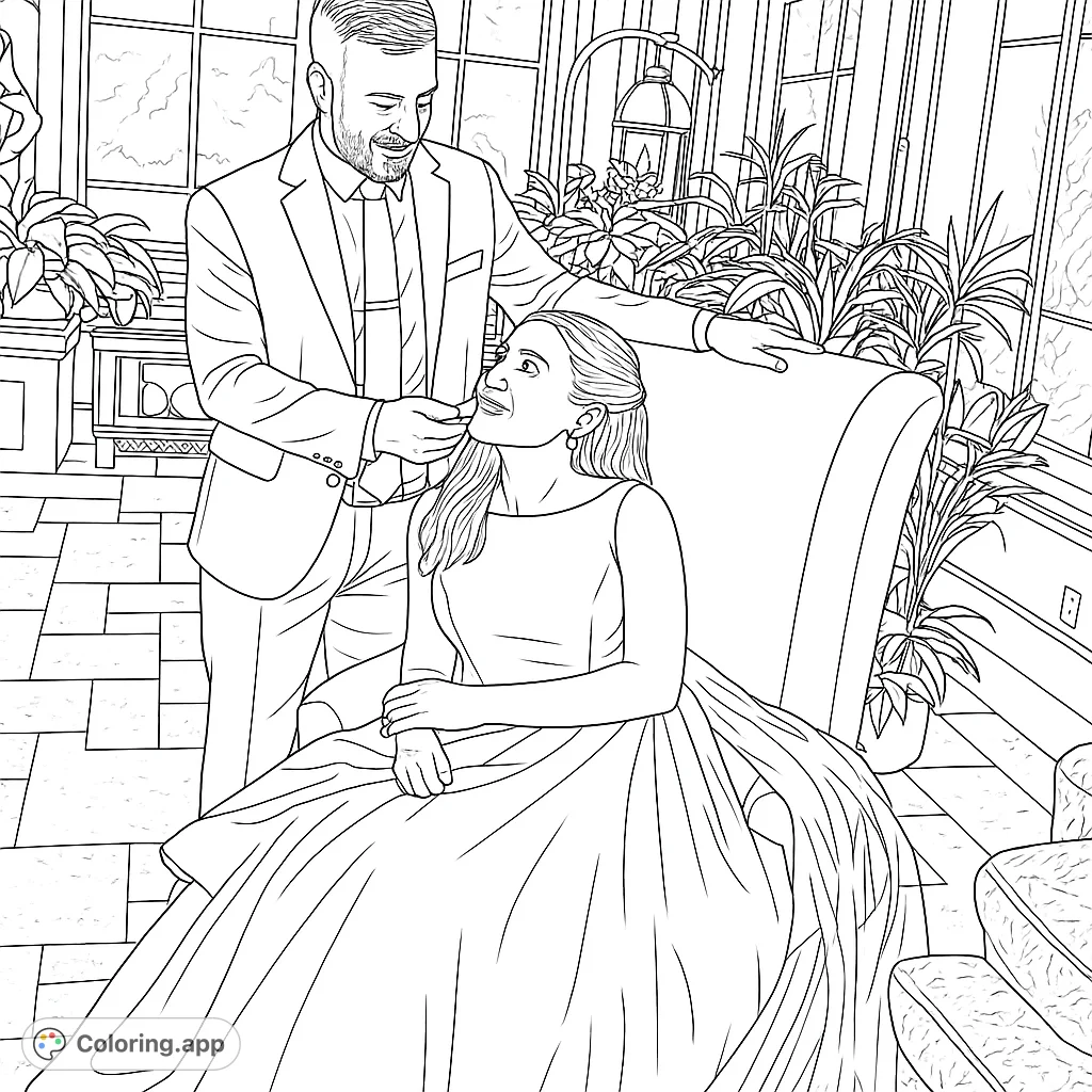 Capture a tender moment between a couple in an elegant setting. This romantic couple coloring page features intricate details and a charming backdrop.