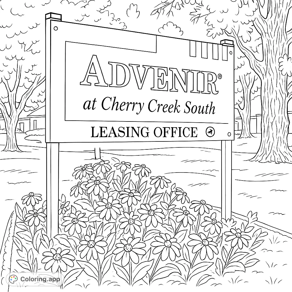 A detailed coloring page featuring an apartment complex sign surrounded by vibrant flower beds and mature trees, set against a backdrop of buildings and open sky.