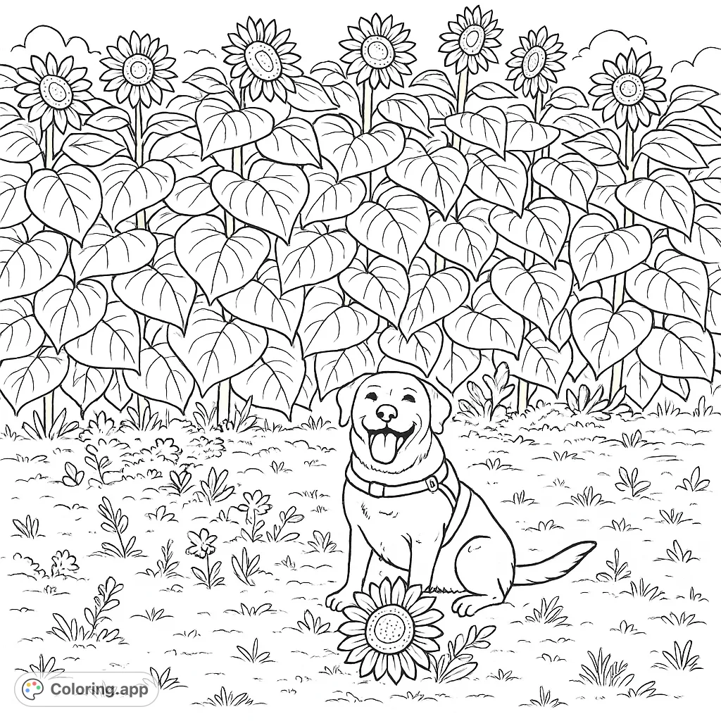 A joyful dog sits in a field of tall, blooming flowers, with two flower heads at its paws. A delightful scene for all ages to color.