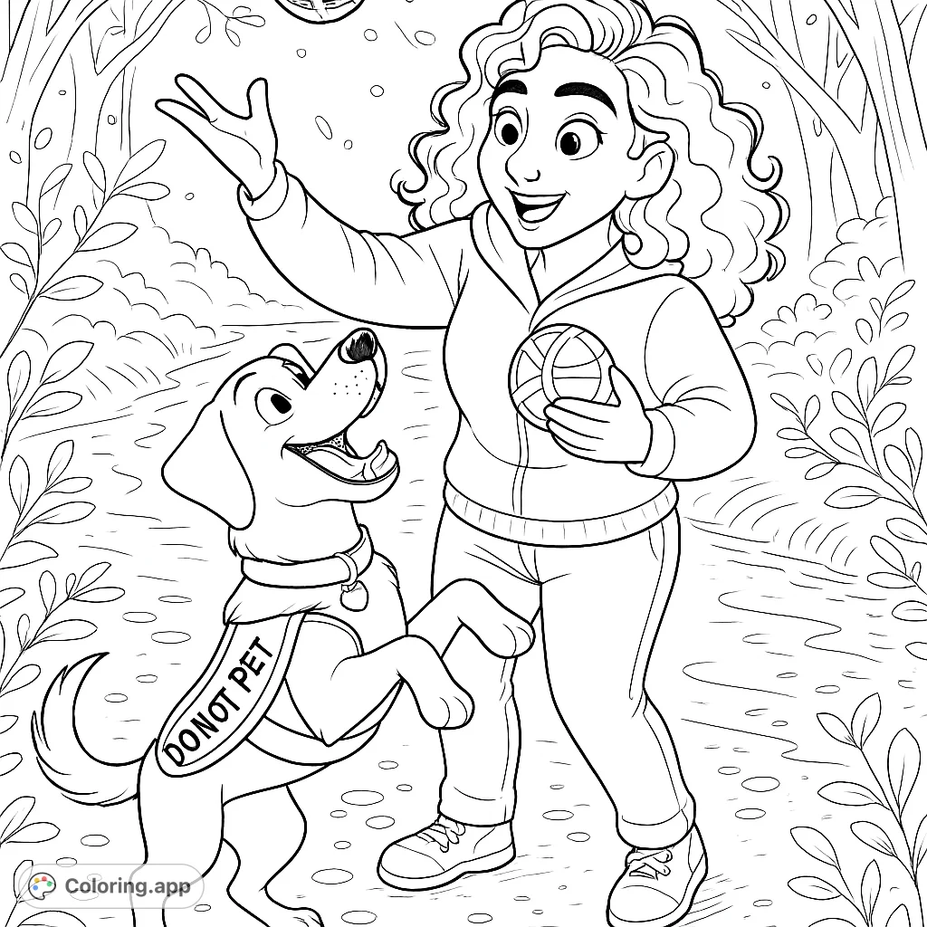 A joyful scene of a woman playing with her service dog on a forest path, featuring a happy dog on its hind legs and a tossed ball.