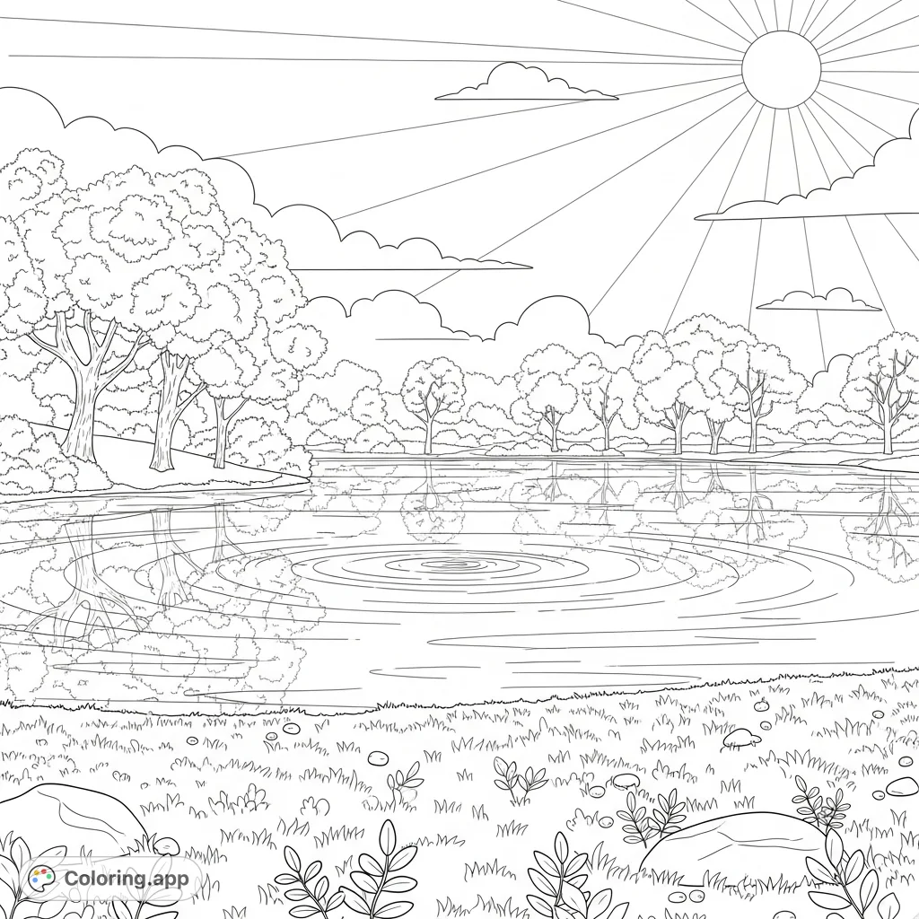 Enjoy a peaceful summer park lake coloring page, featuring a sunny day, calm water, and lush trees. Perfect for relaxation and nature lovers.