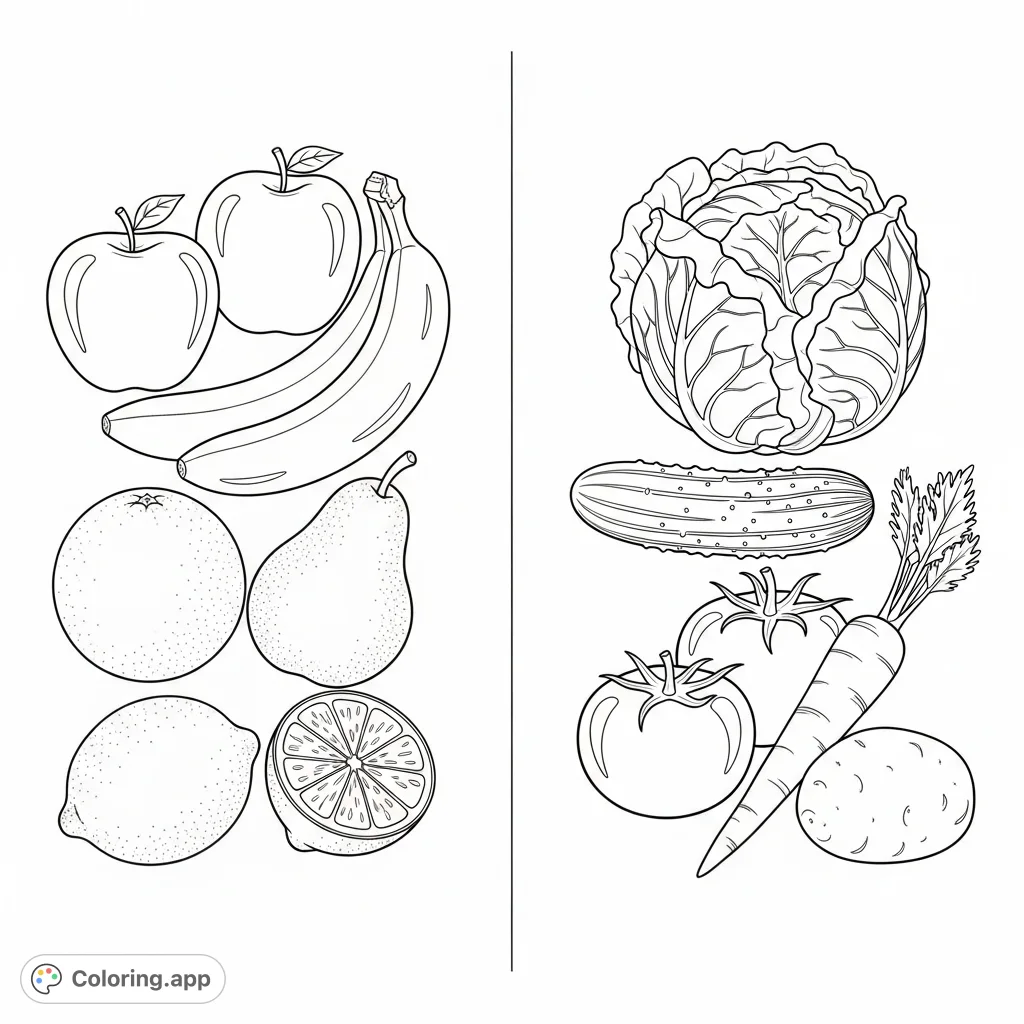 A delightful collection of common fruits and vegetables, perfect for exploring shapes and textures. A fun and educational coloring page for all ages.