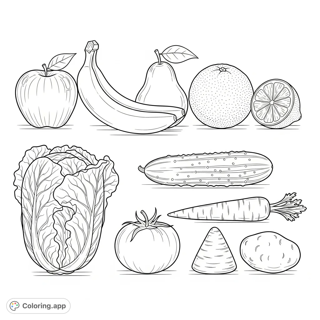 Explore a delightful collection of common fruits and vegetables, neatly arranged to highlight their unique shapes and textures. A perfect free printable coloring page.