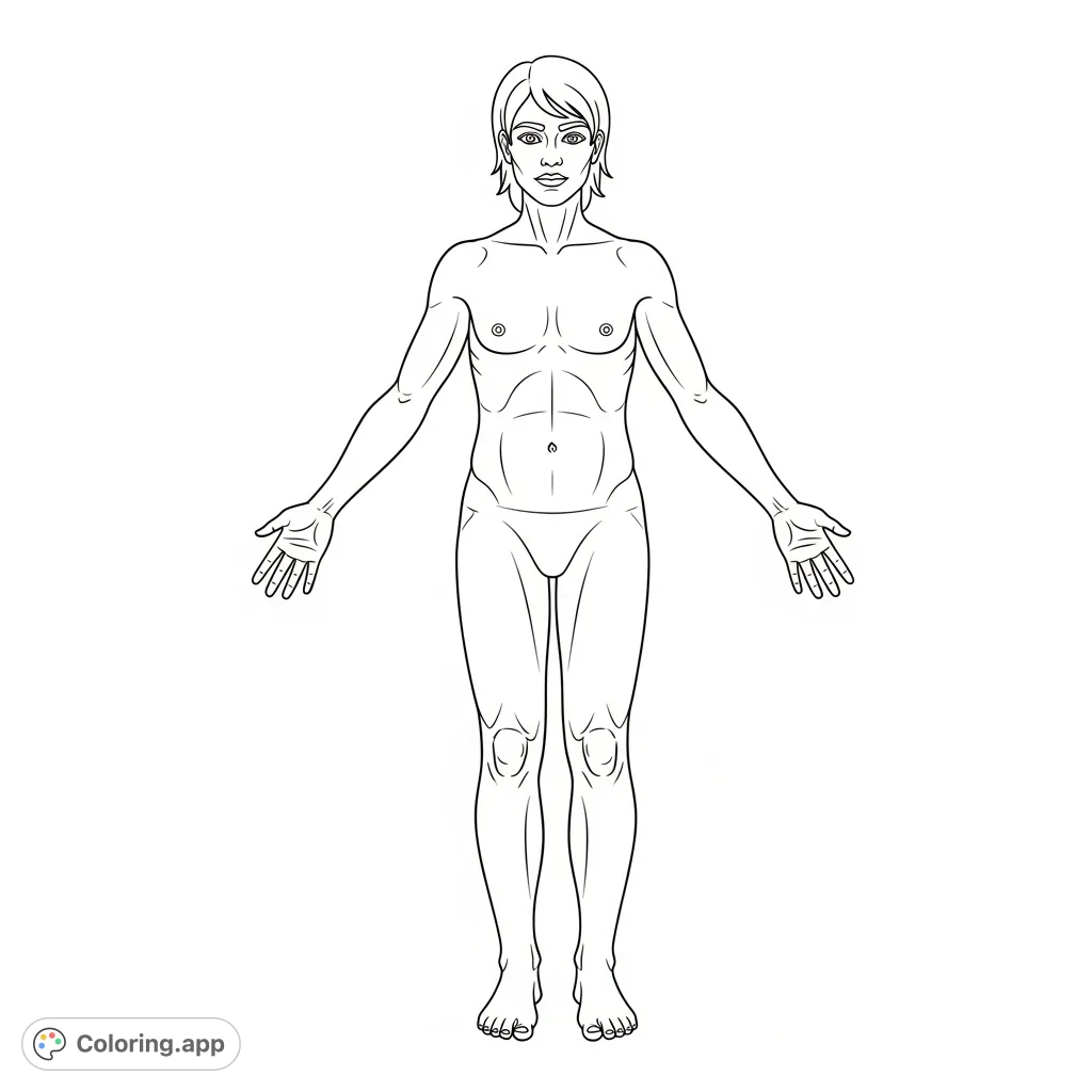 Explore the human form with this detailed coloring page, featuring arms, legs, face, and all major body parts for an engaging learning experience.