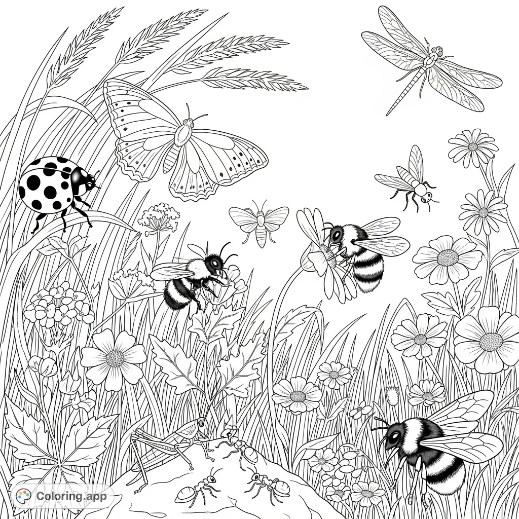 Explore a detailed meadow buzzing with life! This intricate coloring page features a ladybird, butterfly, bee, grasshopper, ants, fly, dragonfly, and bumblebee amidst wildflowers.