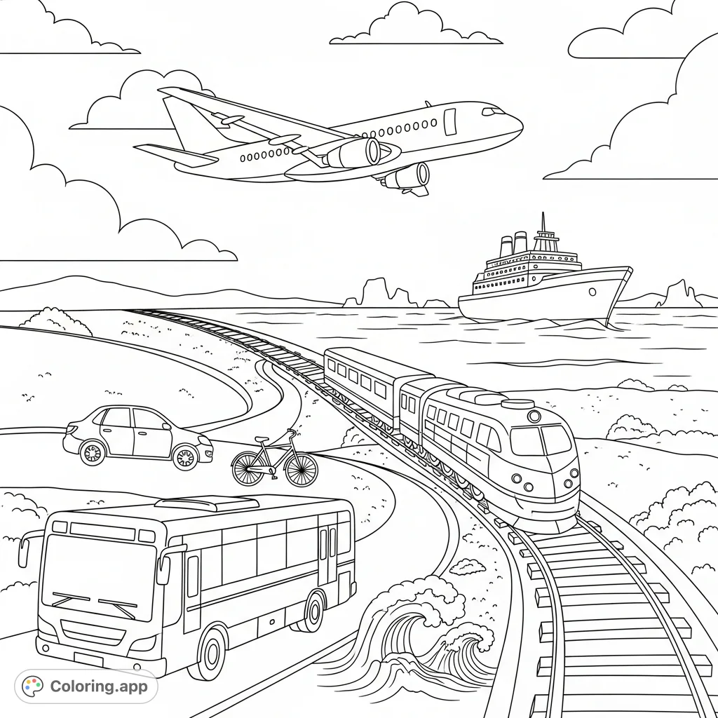 Explore a dynamic vehicles coloring page featuring planes, cars, trains, buses, bikes, and ships in one exciting scene. Perfect for transport enthusiasts!