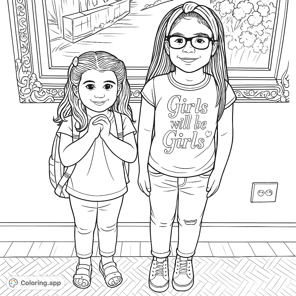 Two cheerful girls stand together, one with a backpack, in front of a beautiful floral painting. A delightful scene for young colorists.