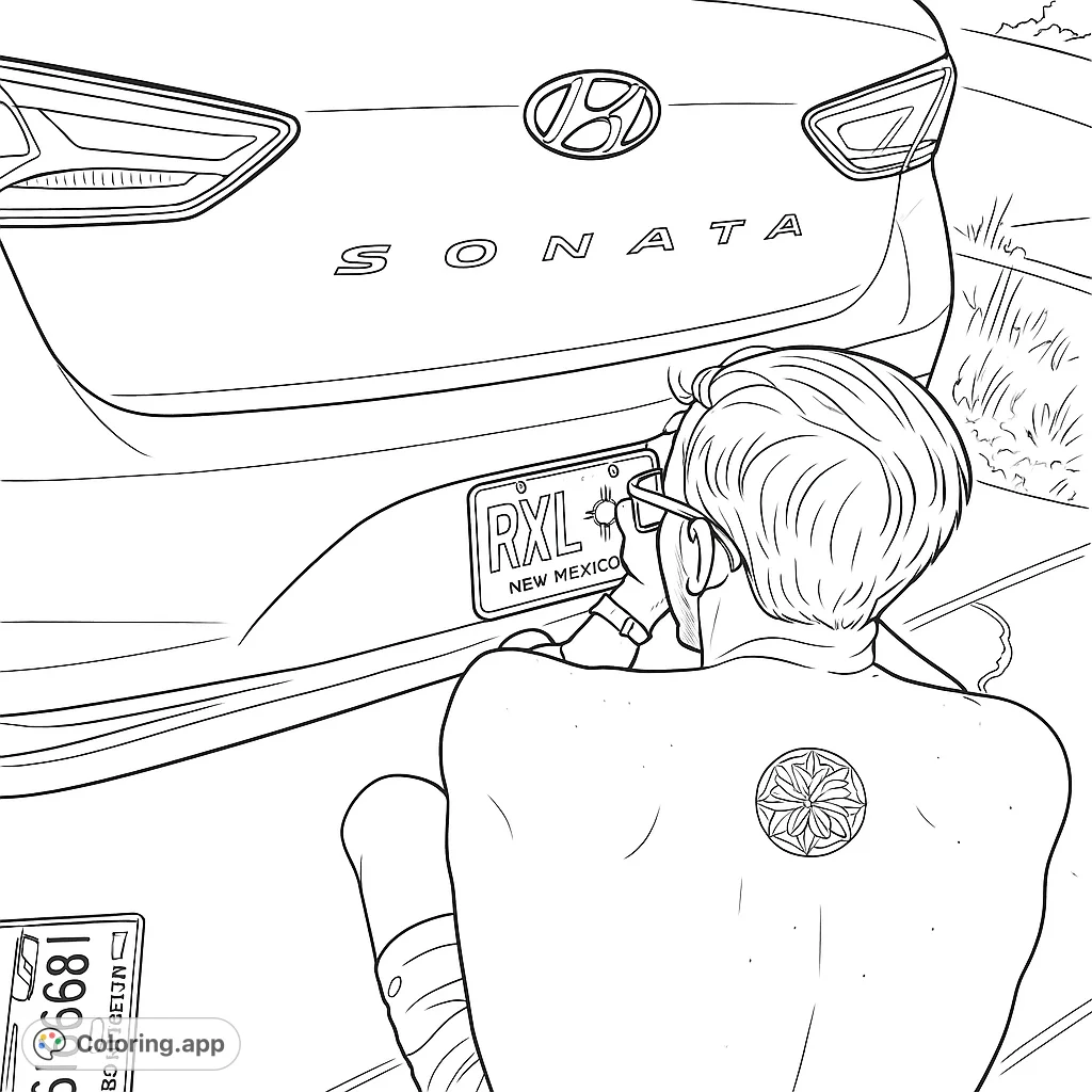 A detailed coloring page showing a person installing a license plate on a sedan, featuring car details and a unique back tattoo. Perfect for car enthusiasts.