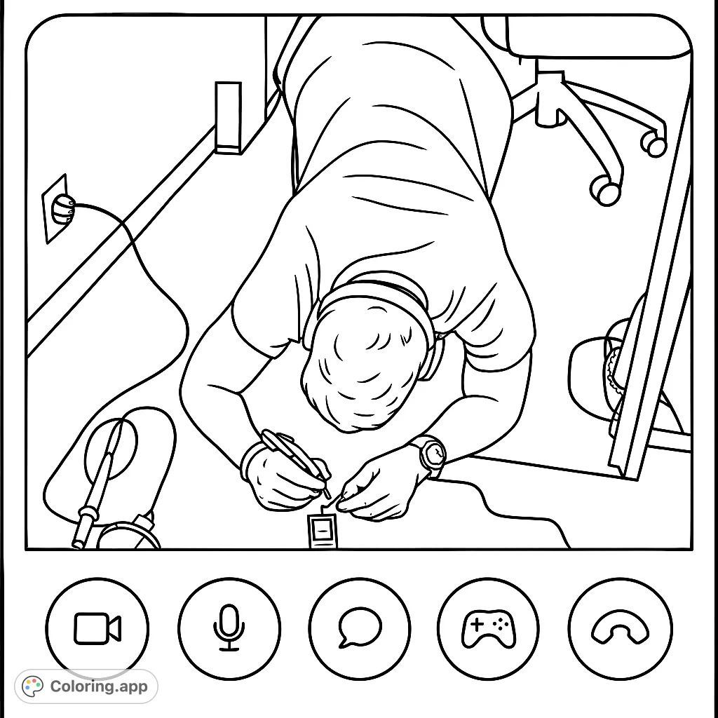 A detailed electronics repair coloring page featuring a person intently working on components with tools. Perfect for tech enthusiasts and those who appreciate intricate work.